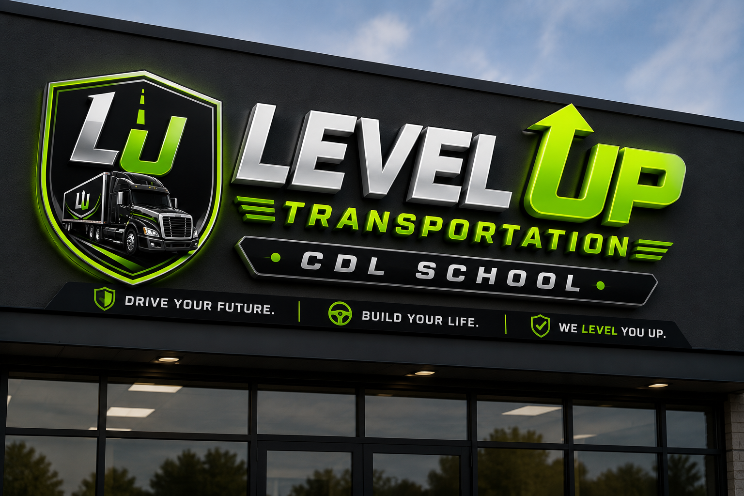 Level Up Transportation CDL School building exterior with illuminated signage